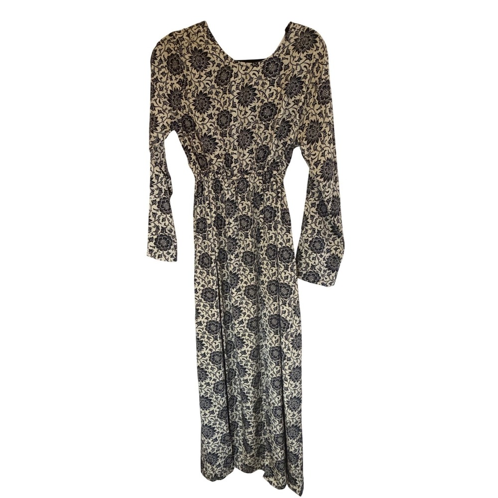 Raag Floral Maxi Dress XS Navy Cream Long Sleeve Elastic Waist Boho NWT R5144